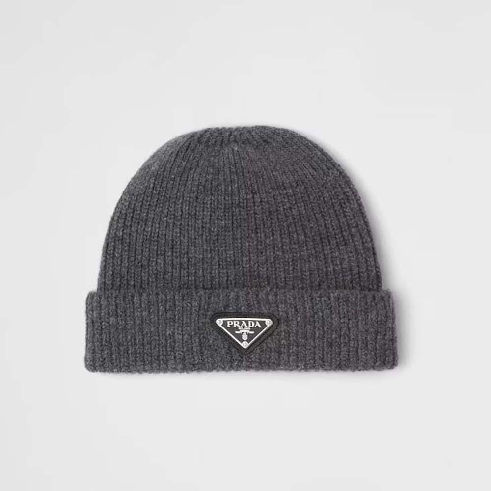 Front view of Prada Unisex Wool and Cashmere Beanie-Silver