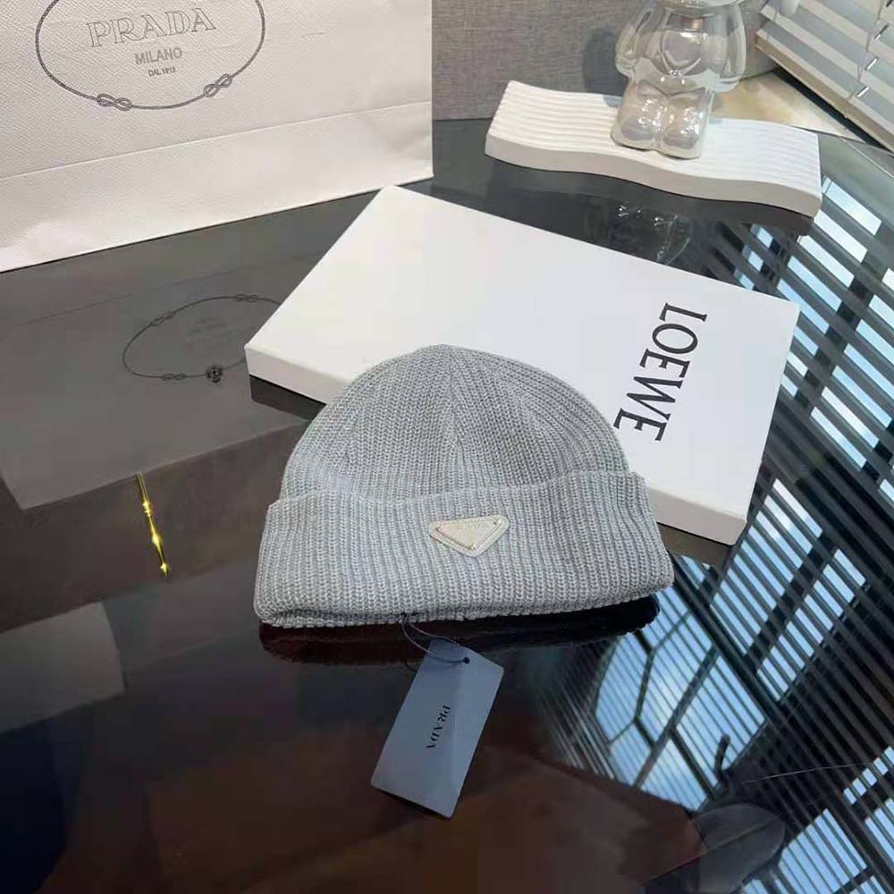 Side angle showing texture on Prada Unisex Wool and Cashmere Beanie-Silver