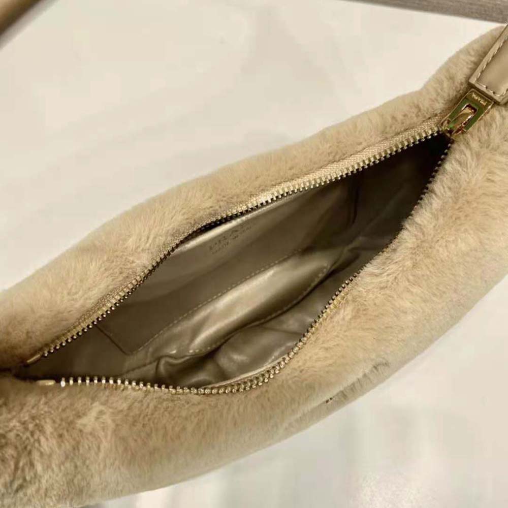 Prada Women Arqué Shearling and Leather Shoulder Bag-Beige - image 9