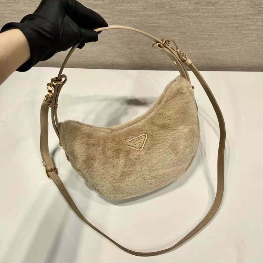 Prada Women Arqué Shearling and Leather Shoulder Bag-Beige - image 5