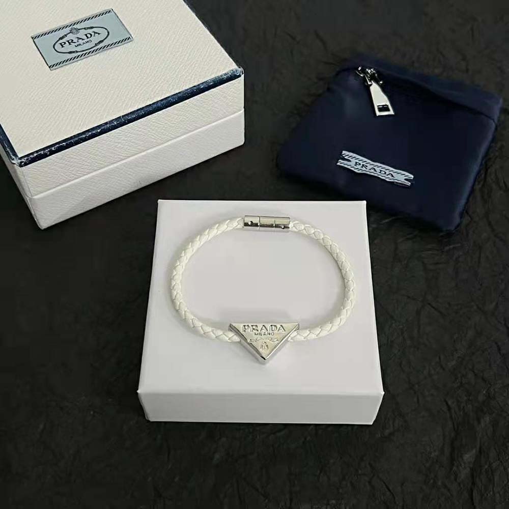 Side view of Prada Women Braided Nappa Leather Bracelet showing silver clasp