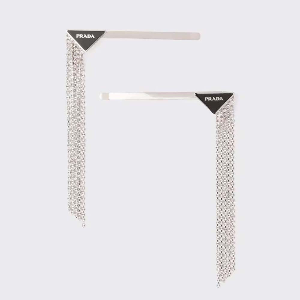 Front close-up of Prada Women Brass Hair Clip highlighting logo detail