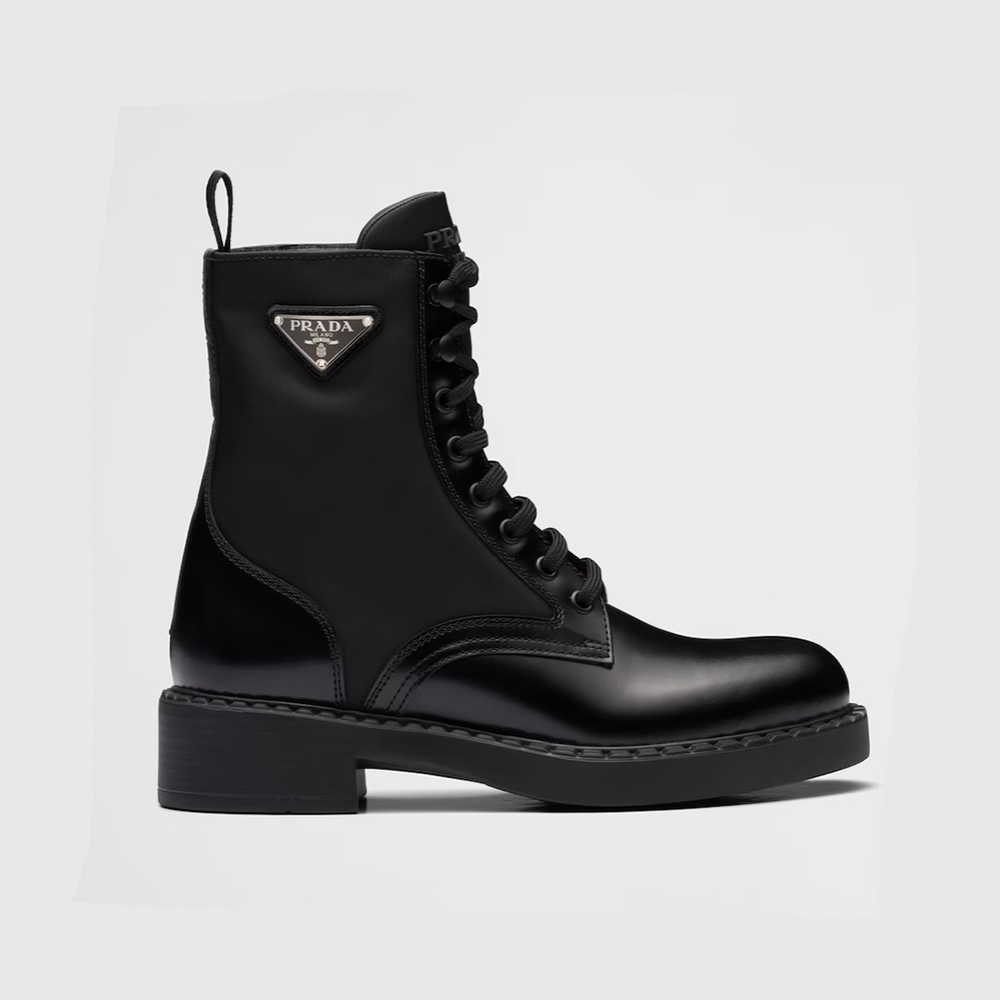 Side view of Prada Women Brushed-Leather and Re-Nylon Boots-Black showing profile