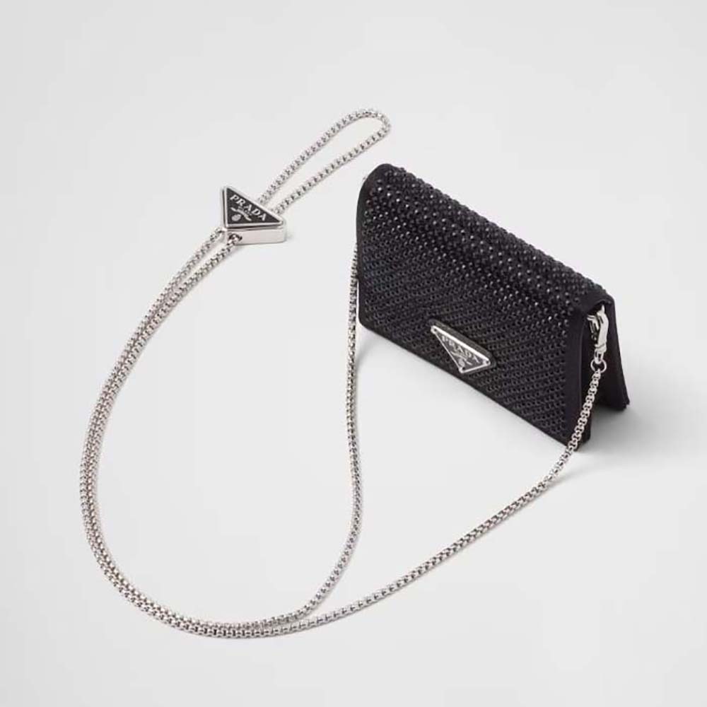 Front view of Prada Women Cardholder with Shoulder Strap and Crystals-Black