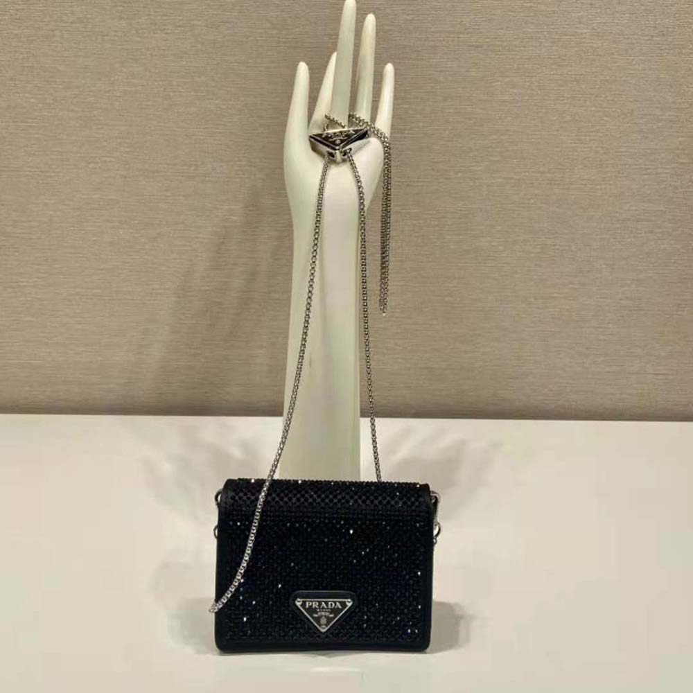 Close-up of crystal embellishments on Prada Women Cardholder with Shoulder Strap and Crystals-Black