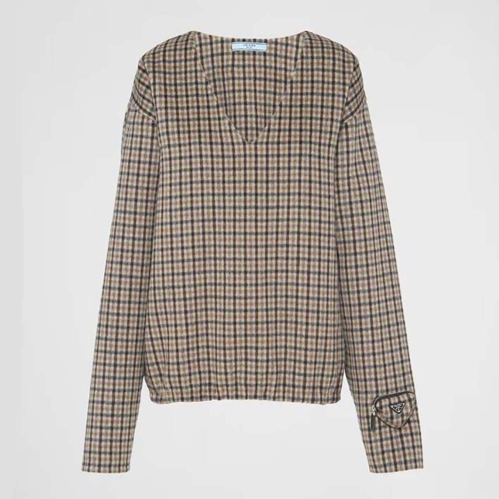 Front view of Prada Women Cashgora Check Top with Triangle logo