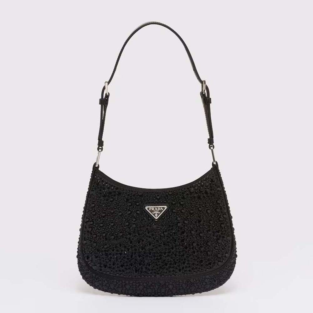 Front view of Prada Women Cleo Satin Bag with Crystals-Black showing flap detail