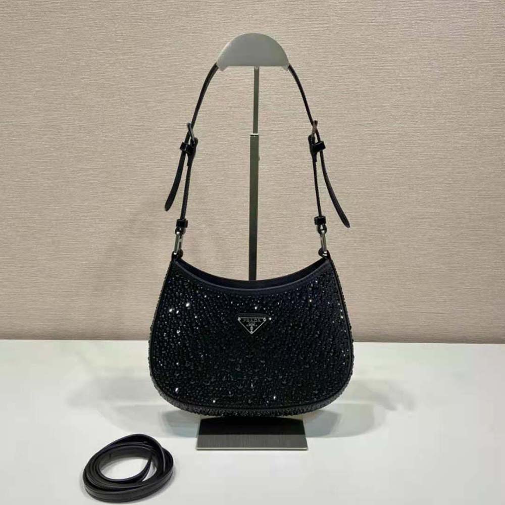 Close-up of crystal embellishments on Prada Women Cleo Satin Bag with Crystals-Black
