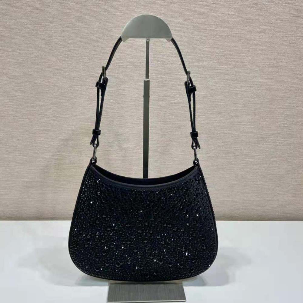 Side profile of Prada Women Cleo Satin Bag with Crystals-Black highlighting silver hardware