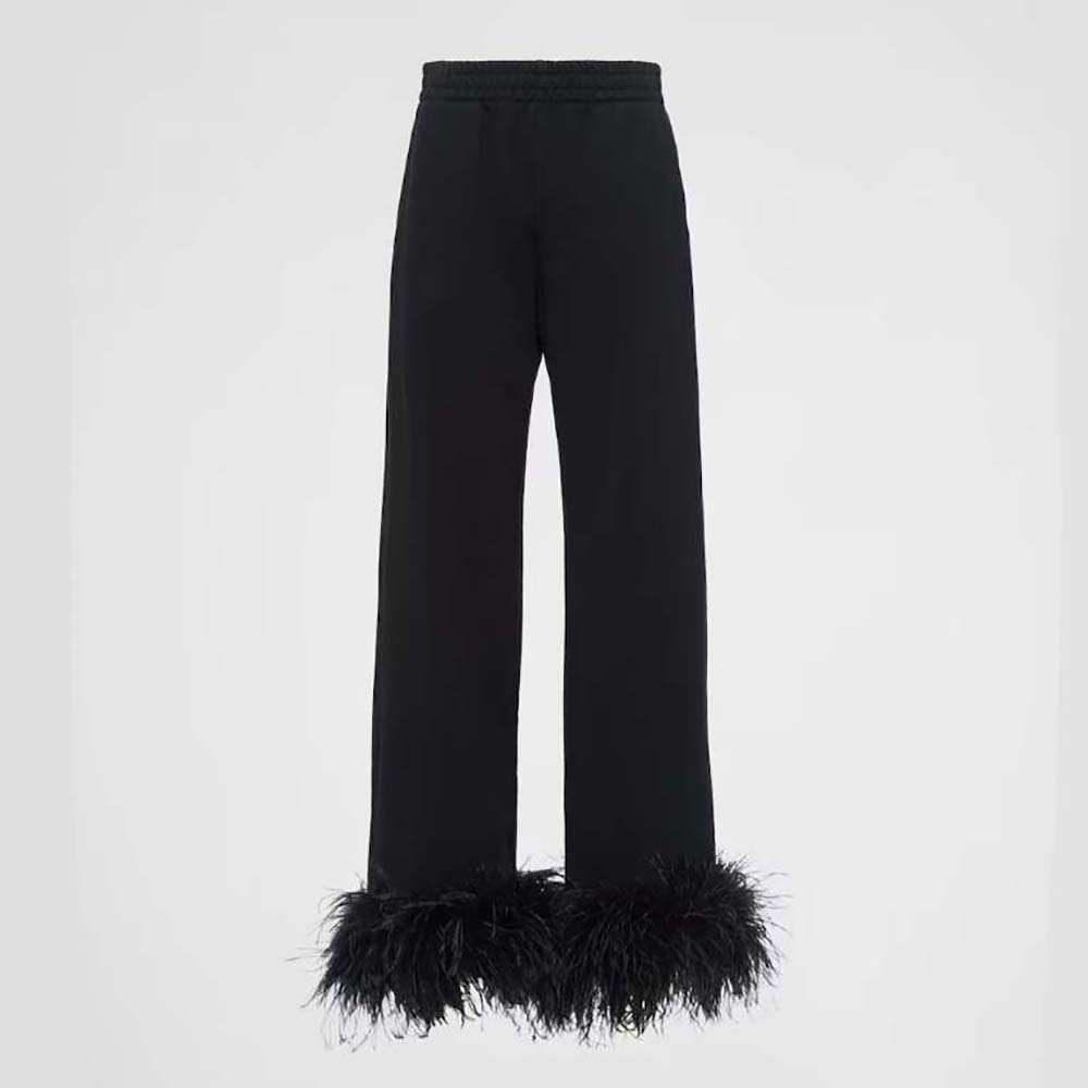 Front view of Prada Women Cotton Fleece Joggers with Feather Trim-Black