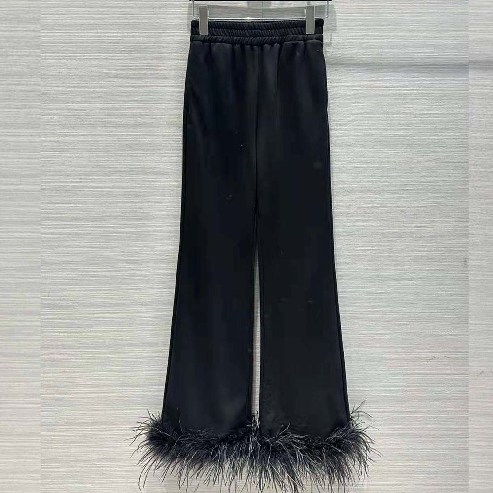 Close-up detail of feather trim on Prada Women Cotton Fleece Joggers