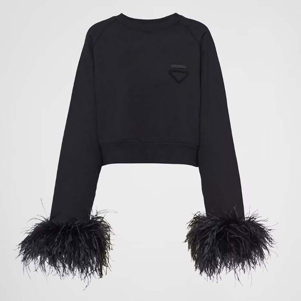 Front view of Prada Women Crew-neck Sweatshirt with Feather Trim-Black