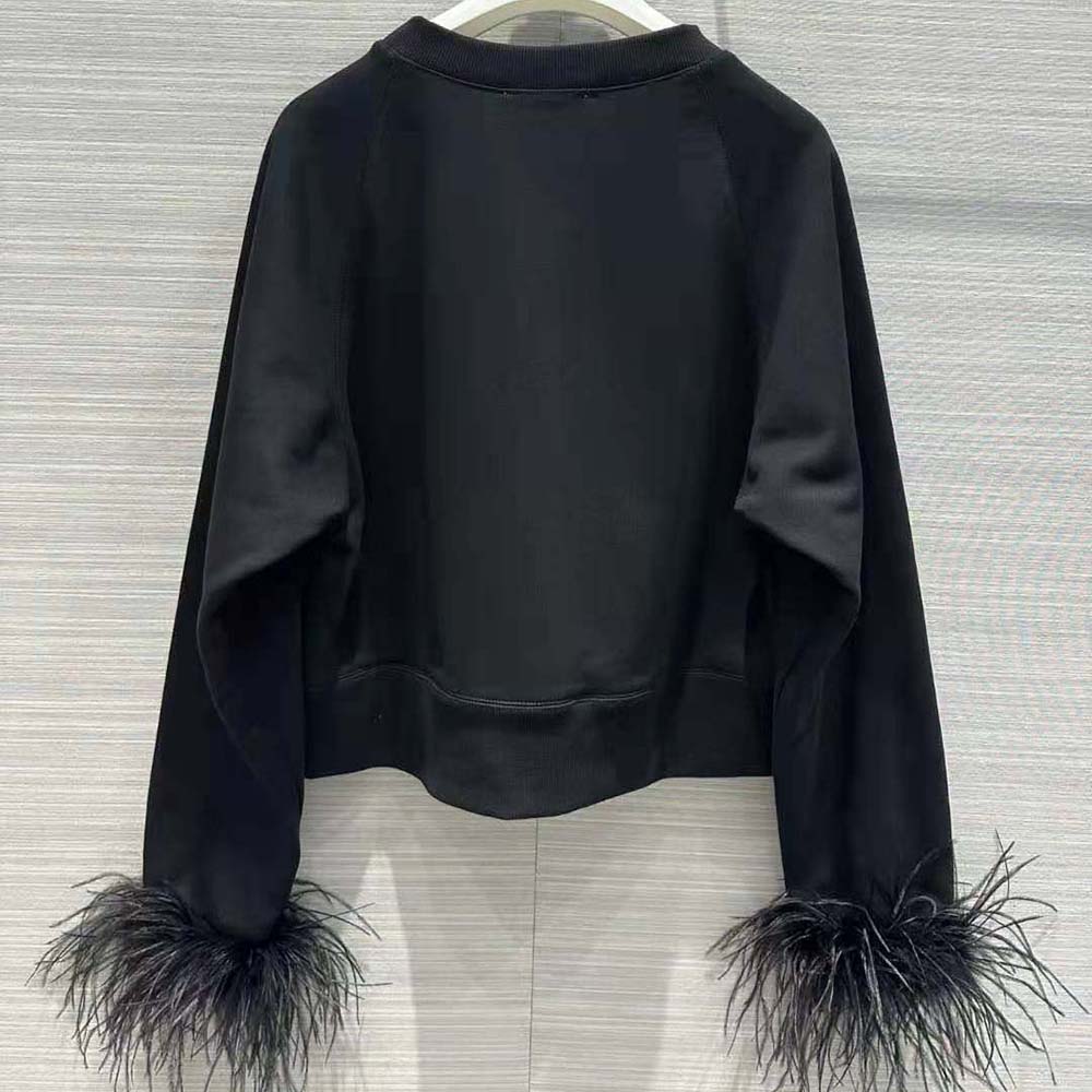 Prada Women Crew-neck Sweatshirt with Feather Trim-Black - image 4