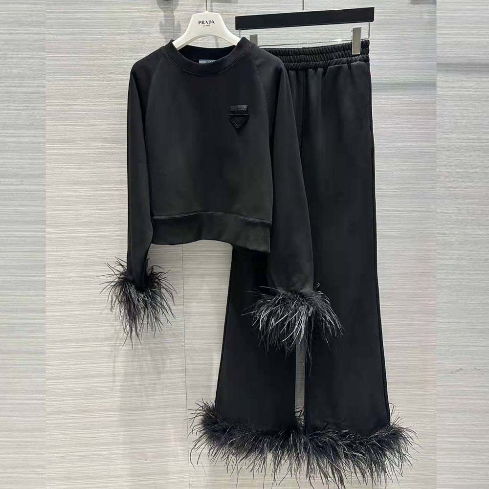 Close-up on feather trim detail of Prada Women Crew-neck Sweatshirt