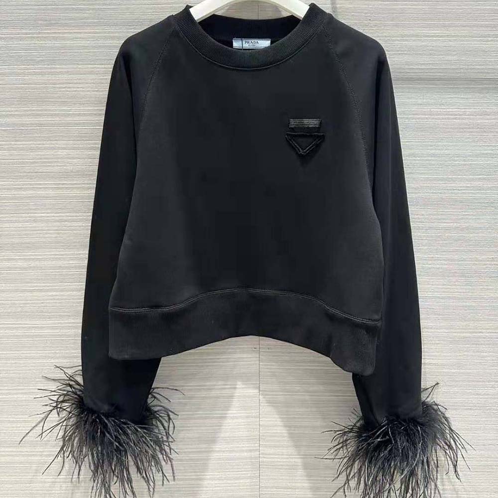 Back angle showing fit of Prada Women Crew-neck Sweatshirt with Feather Trim-Black