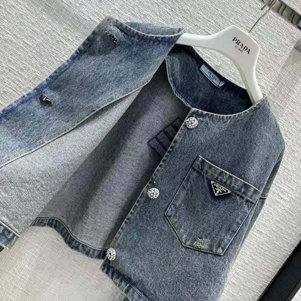 Prada Women Denim Blouson Jacket with Triangle Logo - image 7