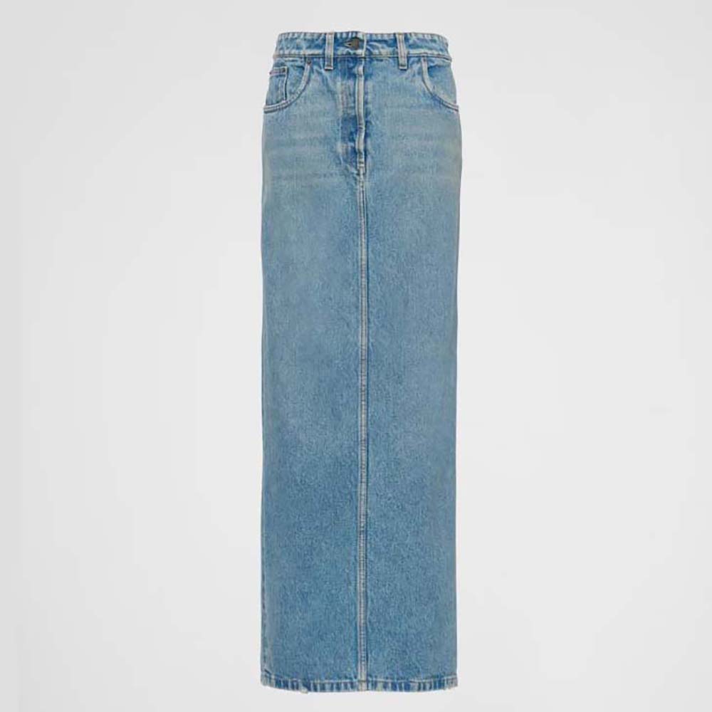 Front view of Prada Women Denim Maxi-skirt with Triangle Logo in navy