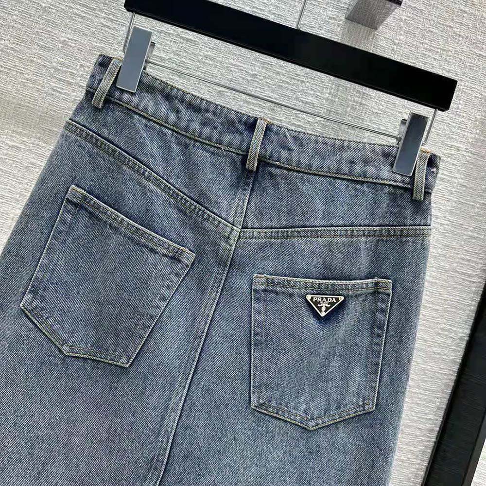 Prada Women Denim Maxi-skirt with Triangle Logo - image 6