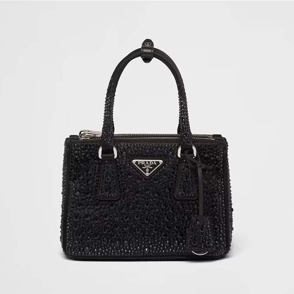 Front view of Prada Women Galleria Satin Mini-bag with Crystals-Black