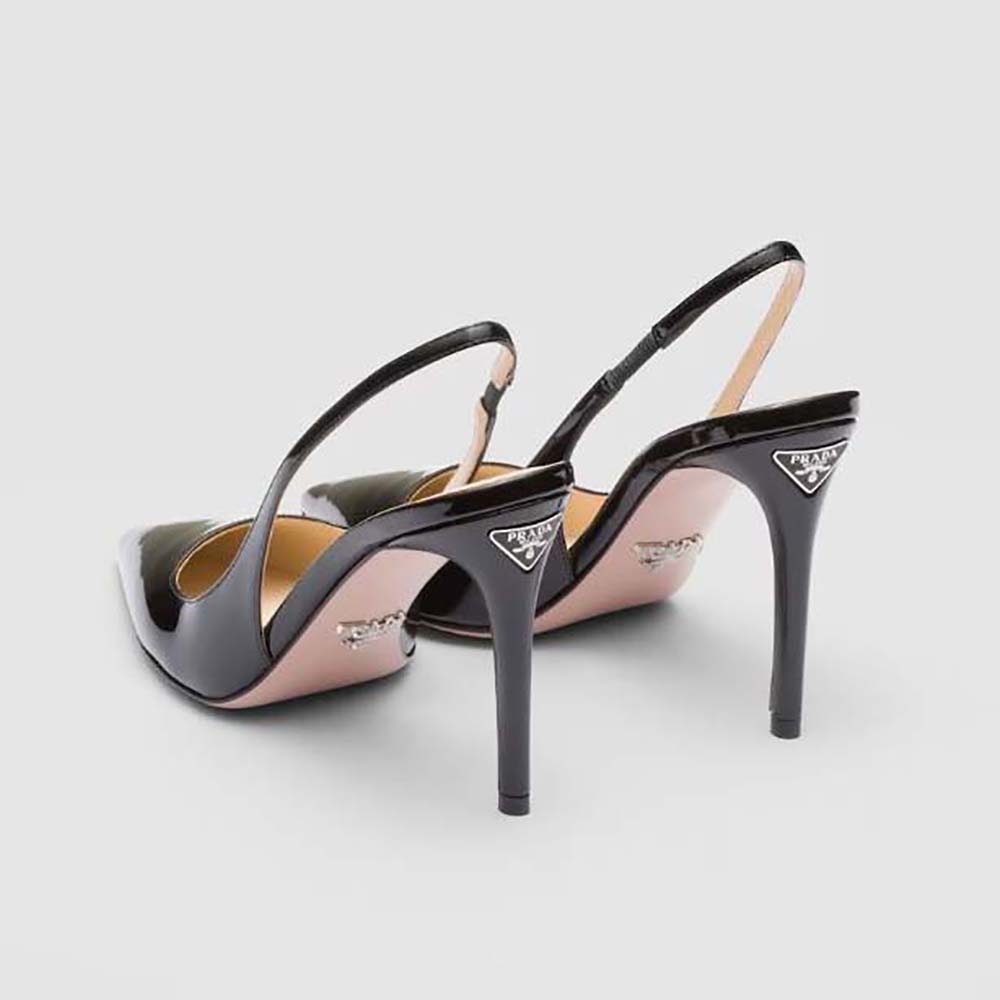 Top view highlighting glossy patent leather of Prada Women Patent Leather Slingbacks-Black