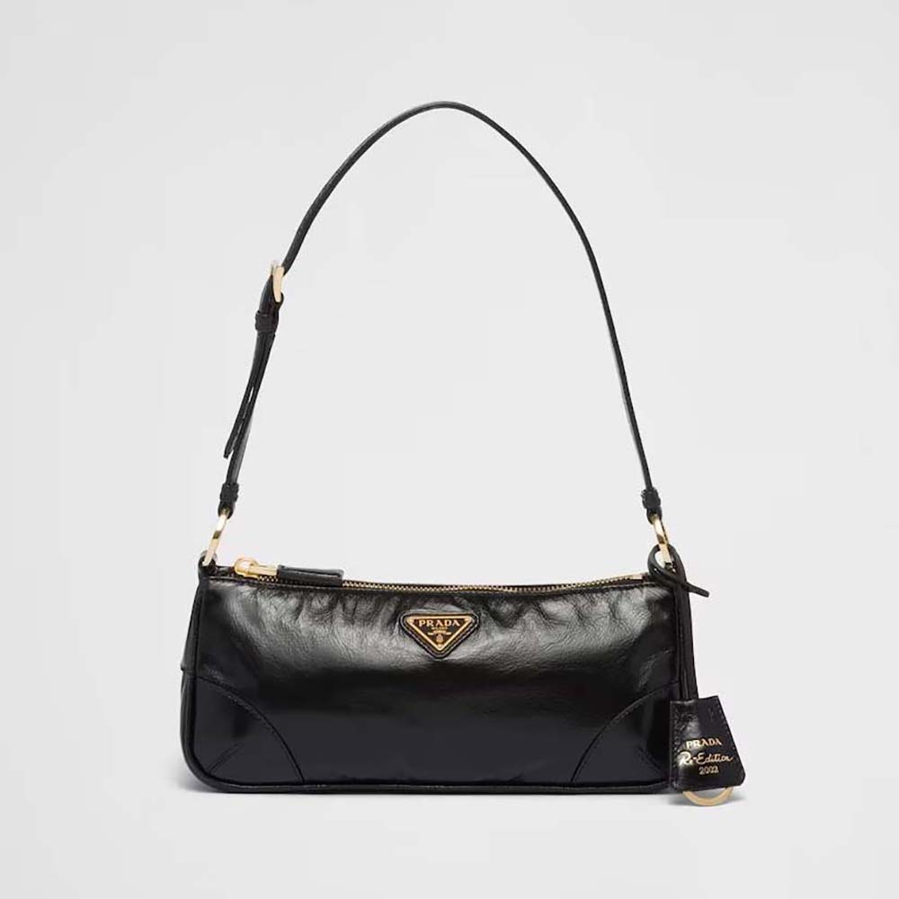 Front view of Prada Women Re-Edition 2002 Small Leather Shoulder Bag in black