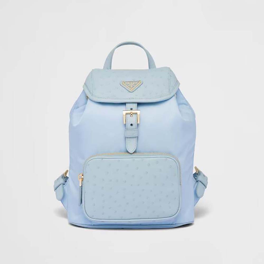 Front view of Prada Women Re-Nylon and Ostrich Leather Backpack-Blue