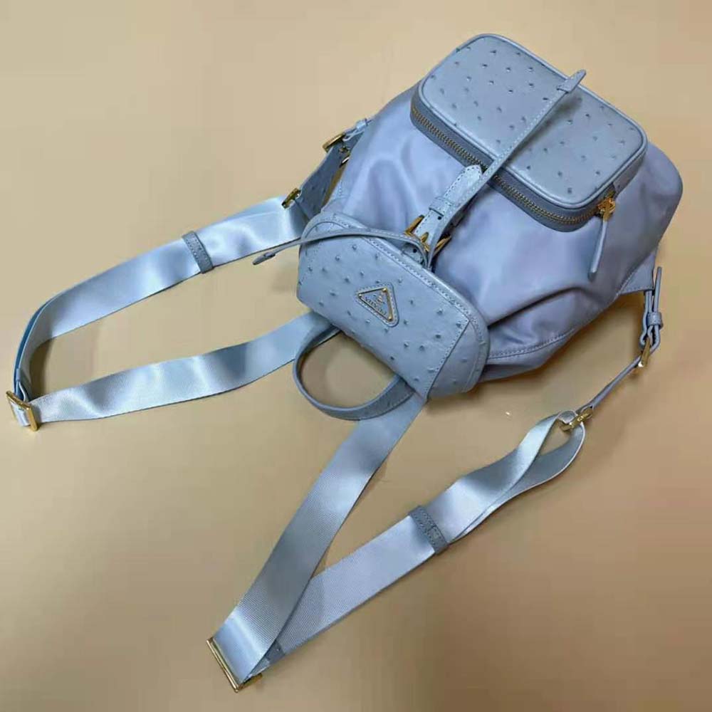 Prada Women Re-Nylon and Ostrich Leather Backpack-Blue - image 5