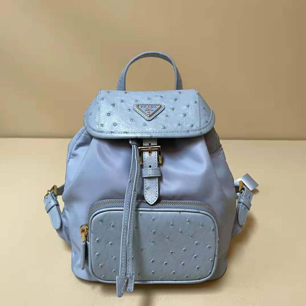 Close-up of ostrich leather detail on Prada Women Re-Nylon and Ostrich Leather Backpack-Blue