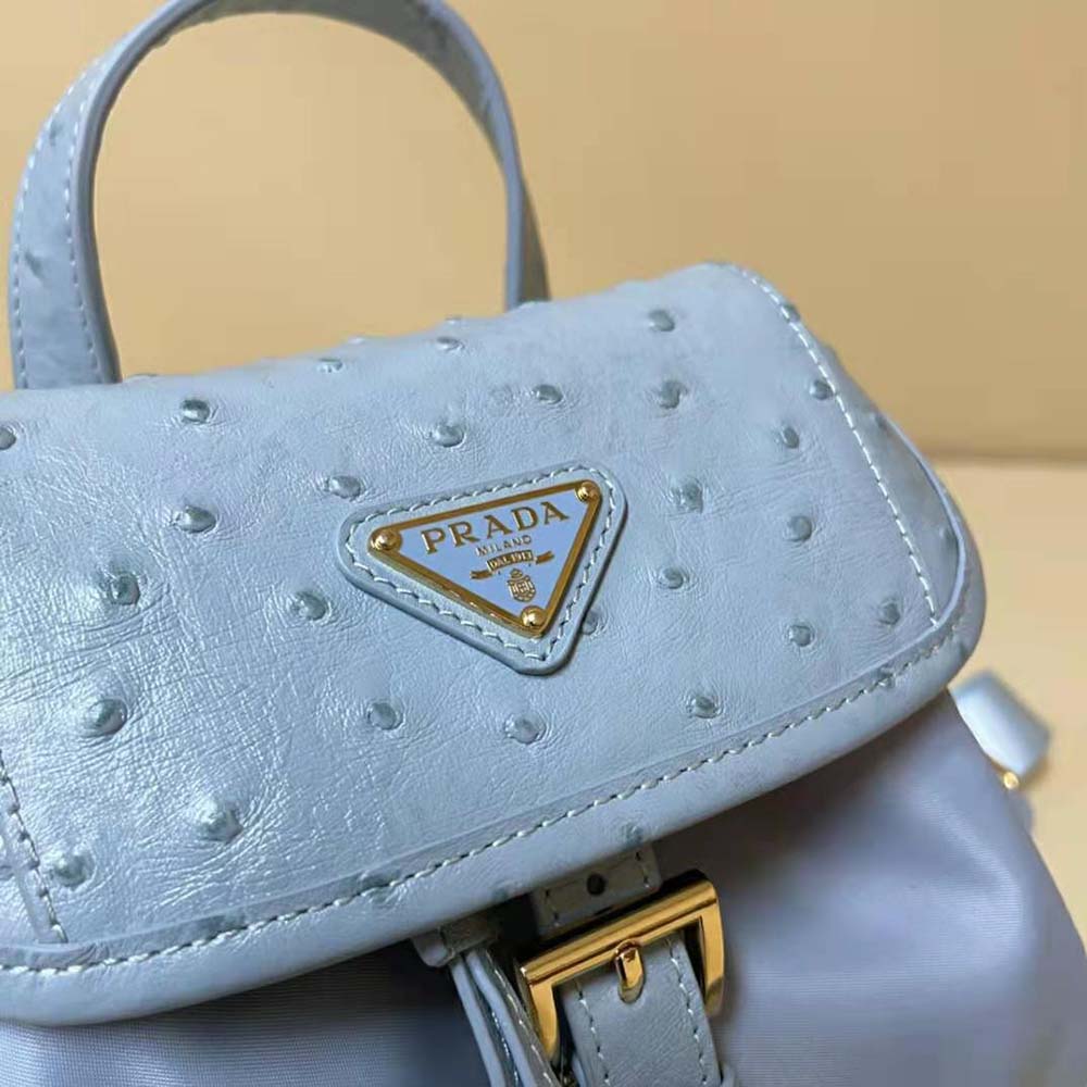 Prada Women Re-Nylon and Ostrich Leather Backpack-Blue - image 7