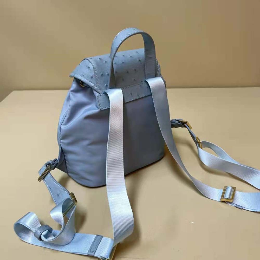 Prada Women Re-Nylon and Ostrich Leather Backpack-Blue - image 4