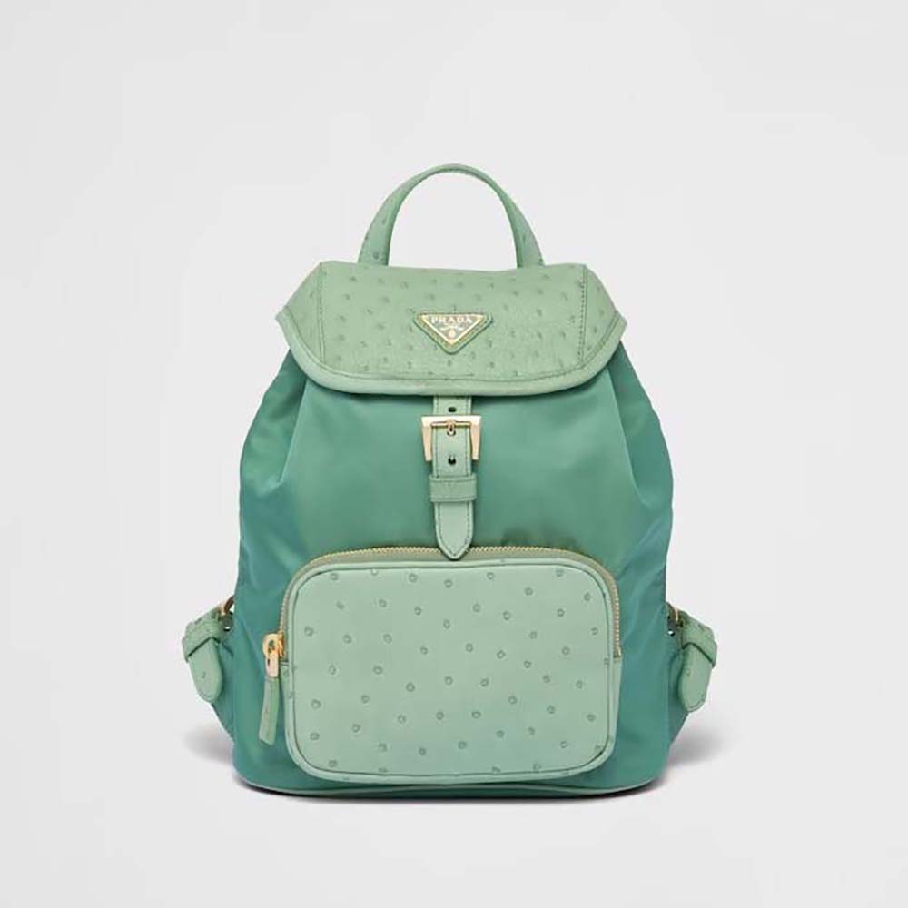 Front view of Prada Women Re-Nylon and Ostrich Leather Backpack-Green