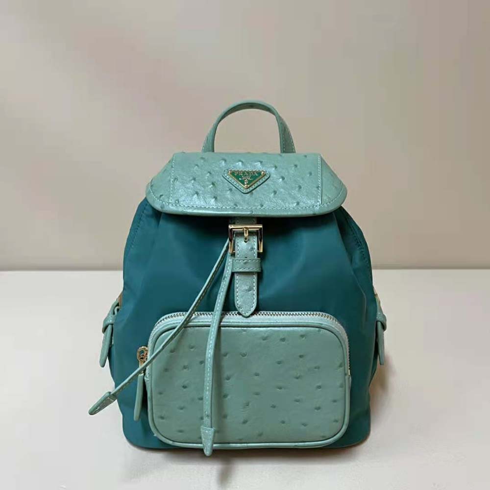 Close-up of ostrich leather detail on Prada Women Re-Nylon backpack