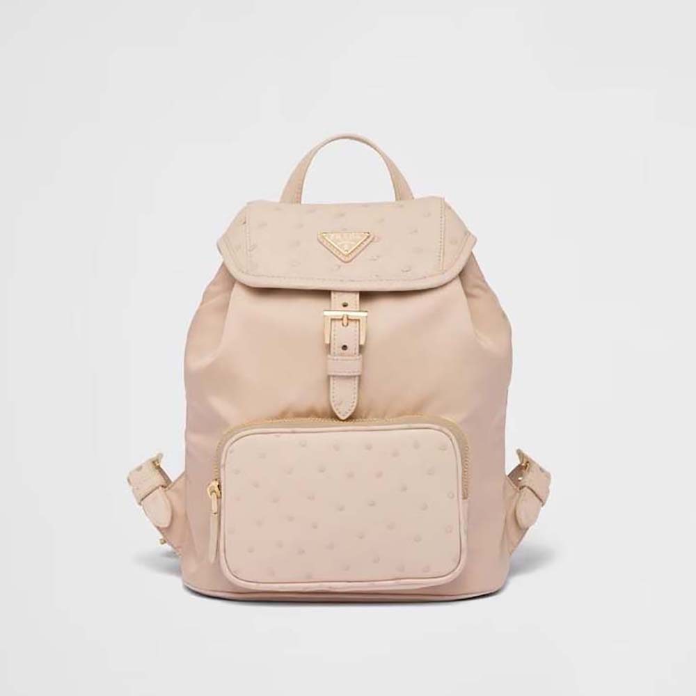 Front view of Prada Women Re-Nylon and Ostrich Leather Backpack-Pink