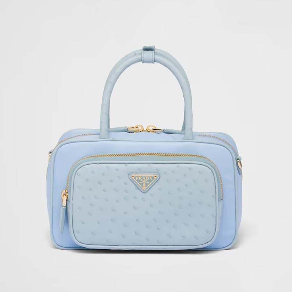 Front view of Prada Women Re-Nylon and Ostrich Leather Two-handle Bag-Blue