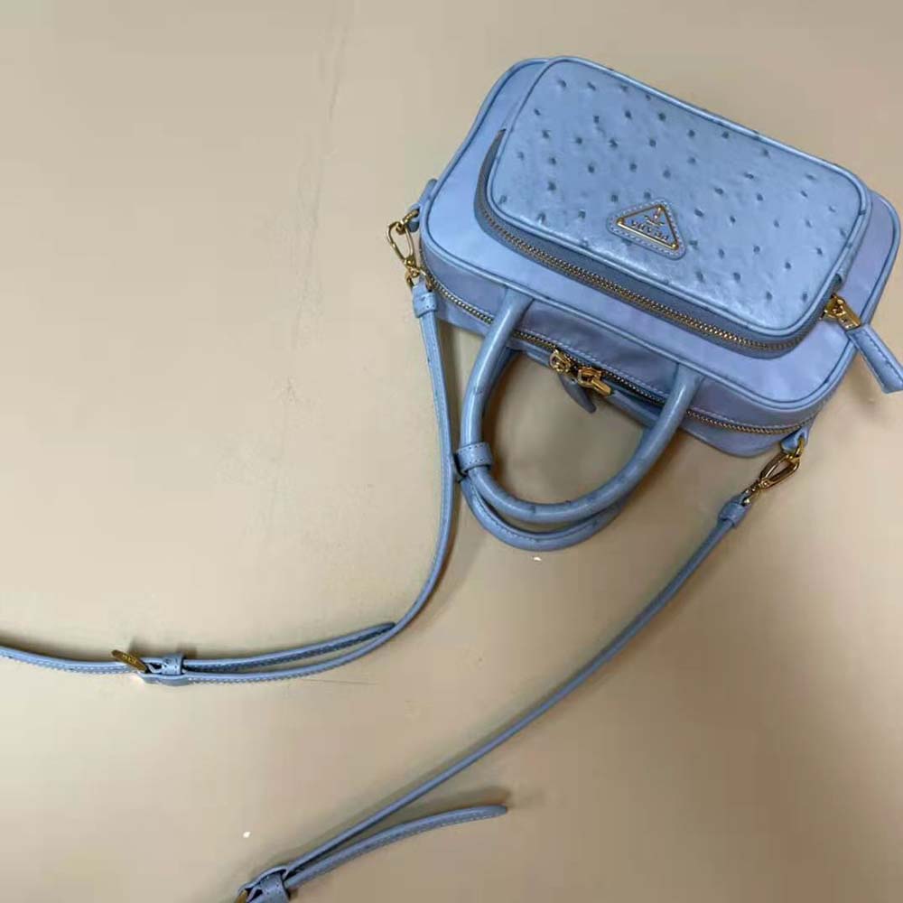 Prada Women Re-Nylon and Ostrich Leather Two-handle Bag-Blue - image 5