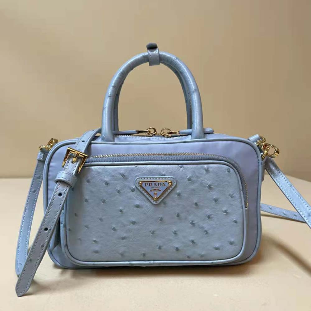 Close-up of ostrich leather texture on Prada Women Re-Nylon and Ostrich Leather Two-handle Bag-Blue