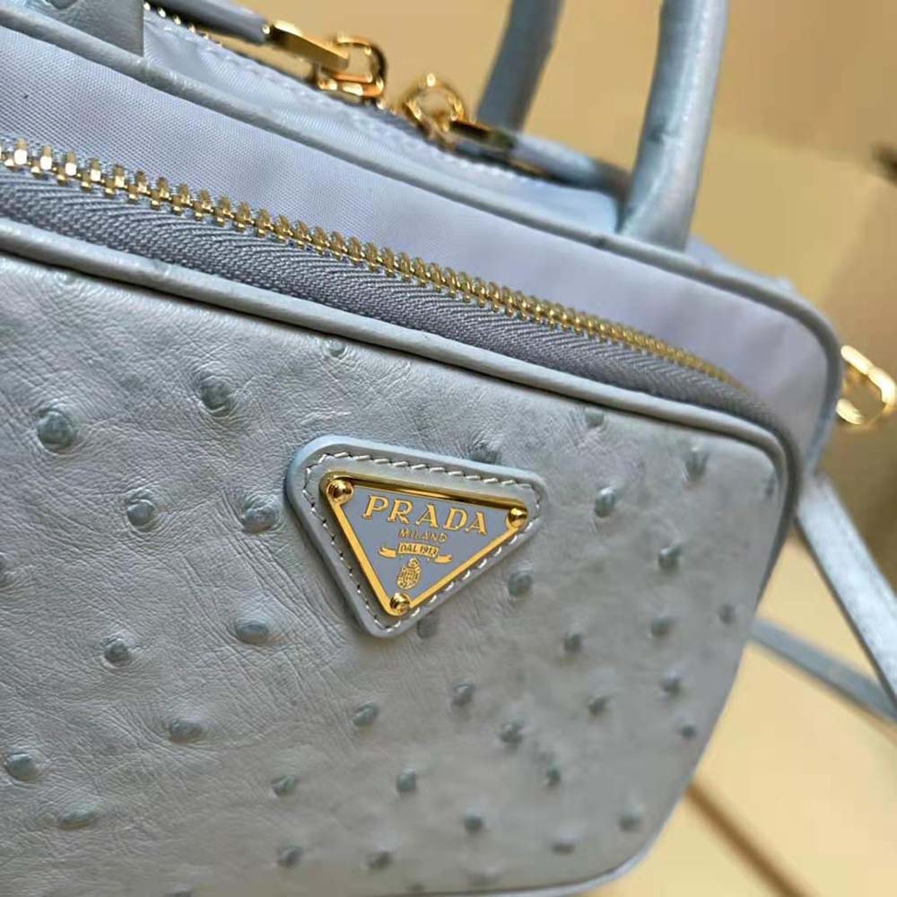 Prada Women Re-Nylon and Ostrich Leather Two-handle Bag-Blue - image 9