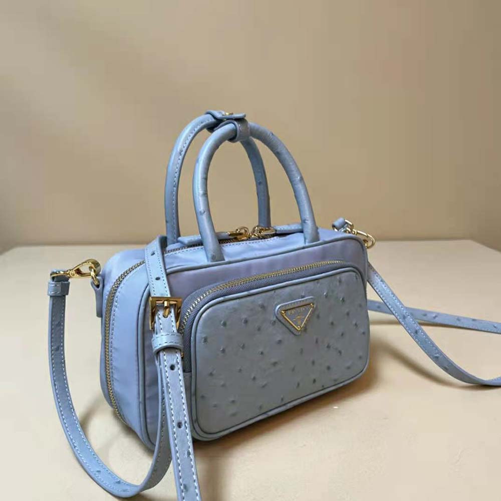 Prada Women Re-Nylon and Ostrich Leather Two-handle Bag-Blue - image 4