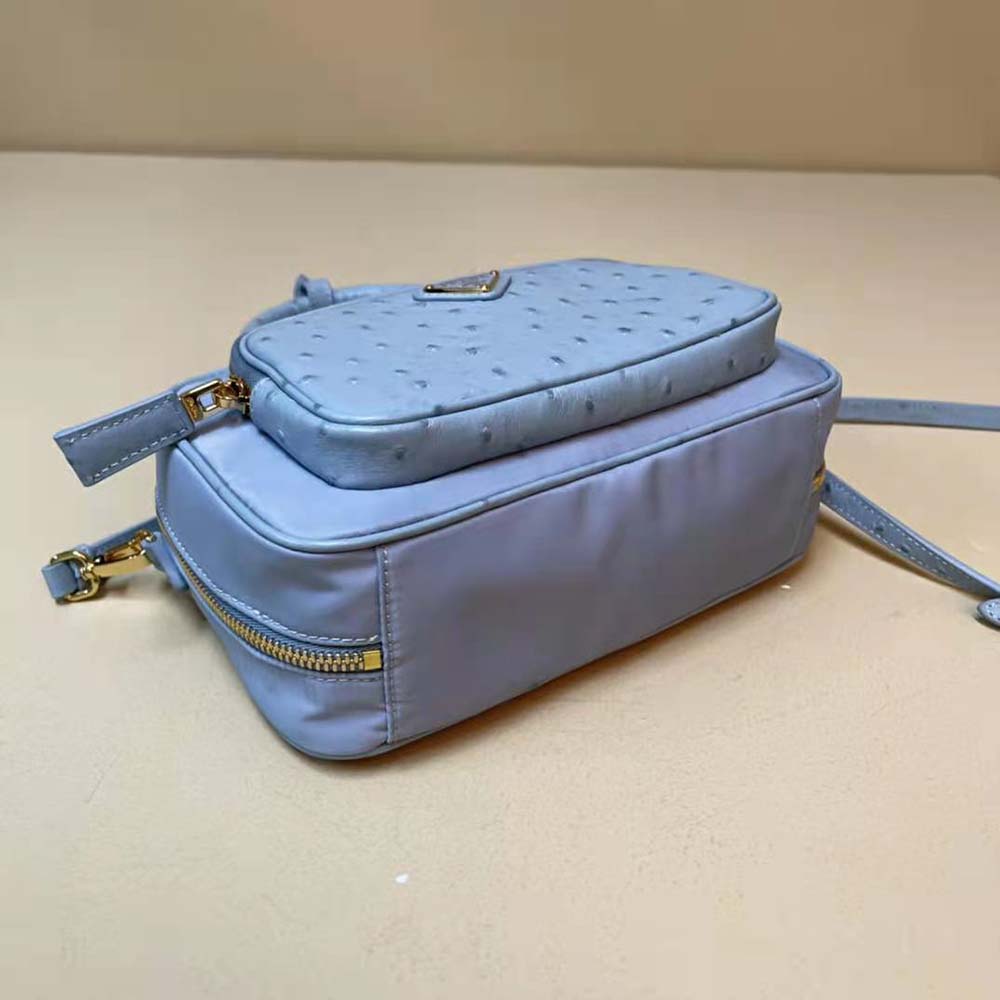 Prada Women Re-Nylon and Ostrich Leather Two-handle Bag-Blue - image 6