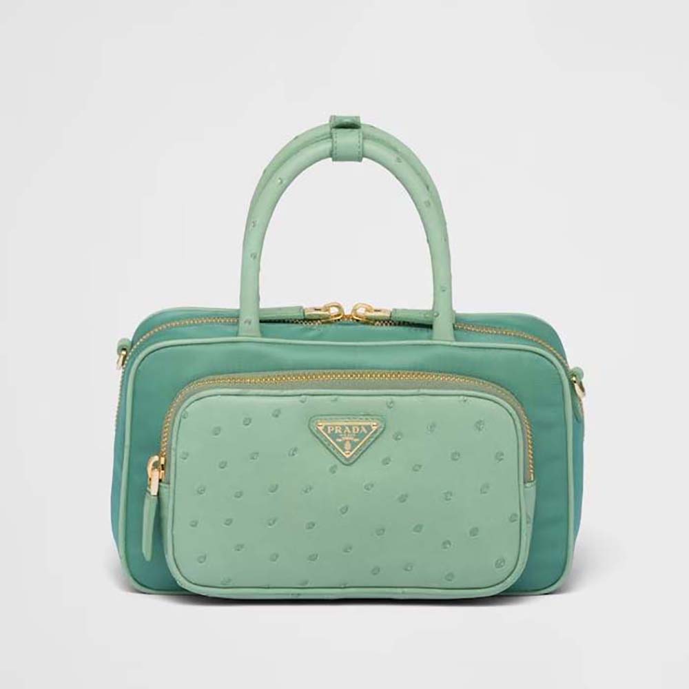 Front angle of Prada Women Re-Nylon and Ostrich Leather Two-handle Bag-Green