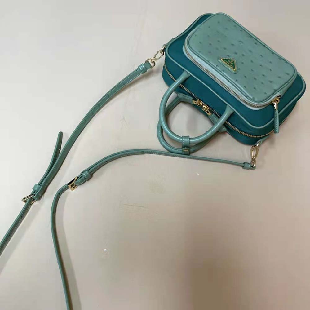 Prada Women Re-Nylon and Ostrich Leather Two-handle Bag-Green - image 6