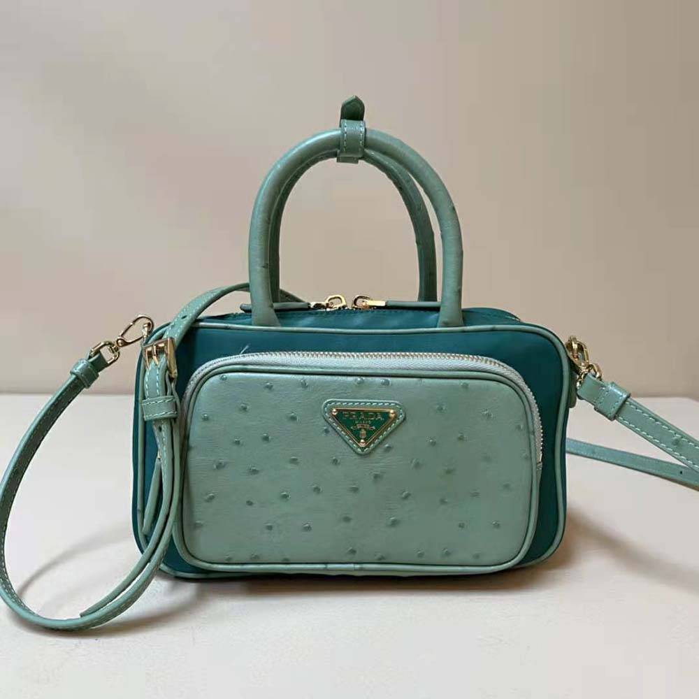 Close-up of ostrich leather detail on Prada Women Re-Nylon and Ostrich Leather Two-handle Bag-Green