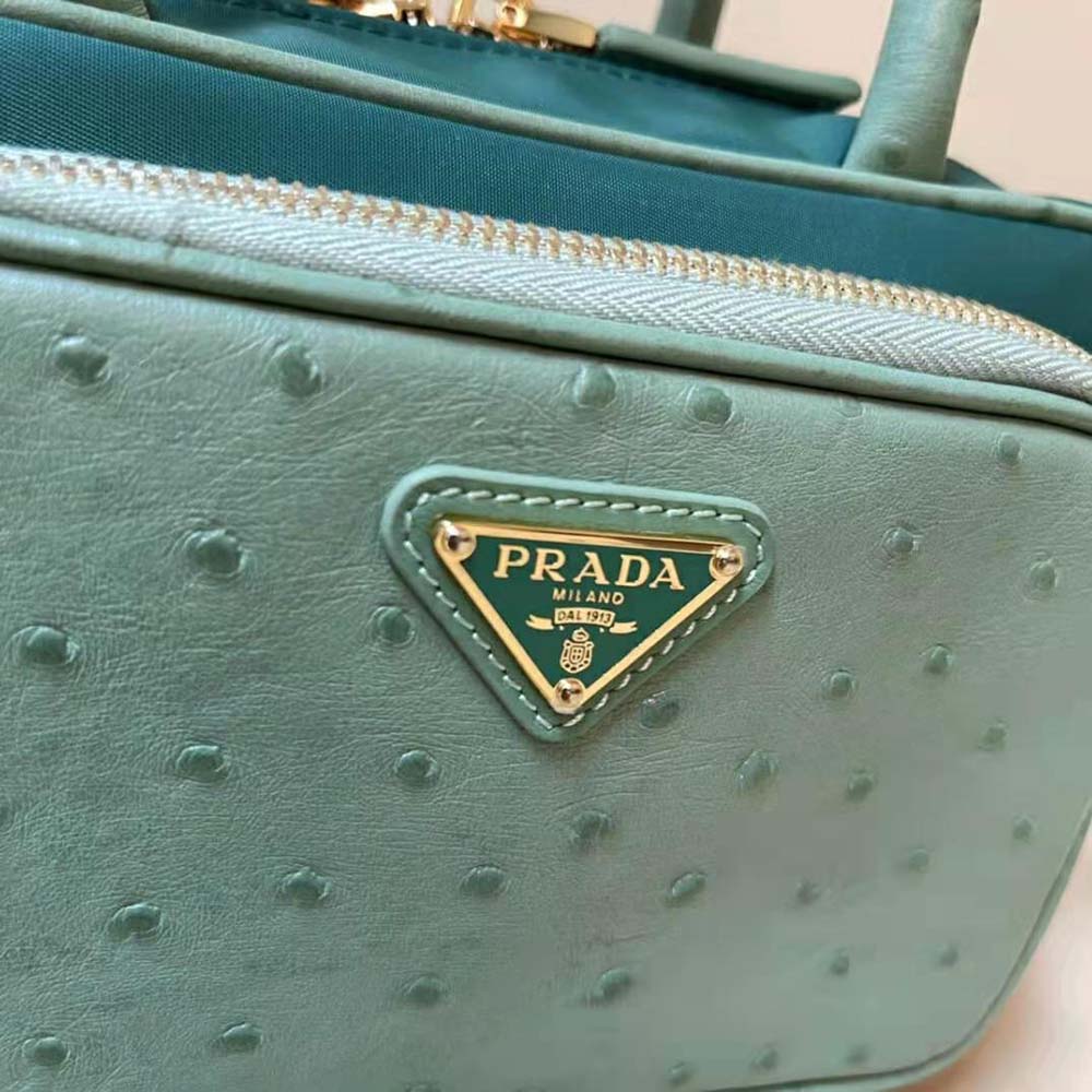 Prada Women Re-Nylon and Ostrich Leather Two-handle Bag-Green - image 9