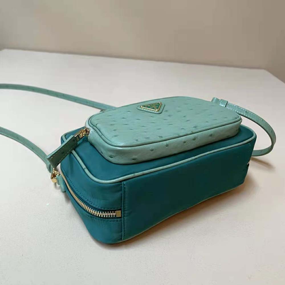 Prada Women Re-Nylon and Ostrich Leather Two-handle Bag-Green - image 5