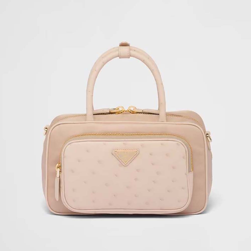 Front view of Prada Women Re-Nylon and Ostrich Leather Two-handle Bag-Pink