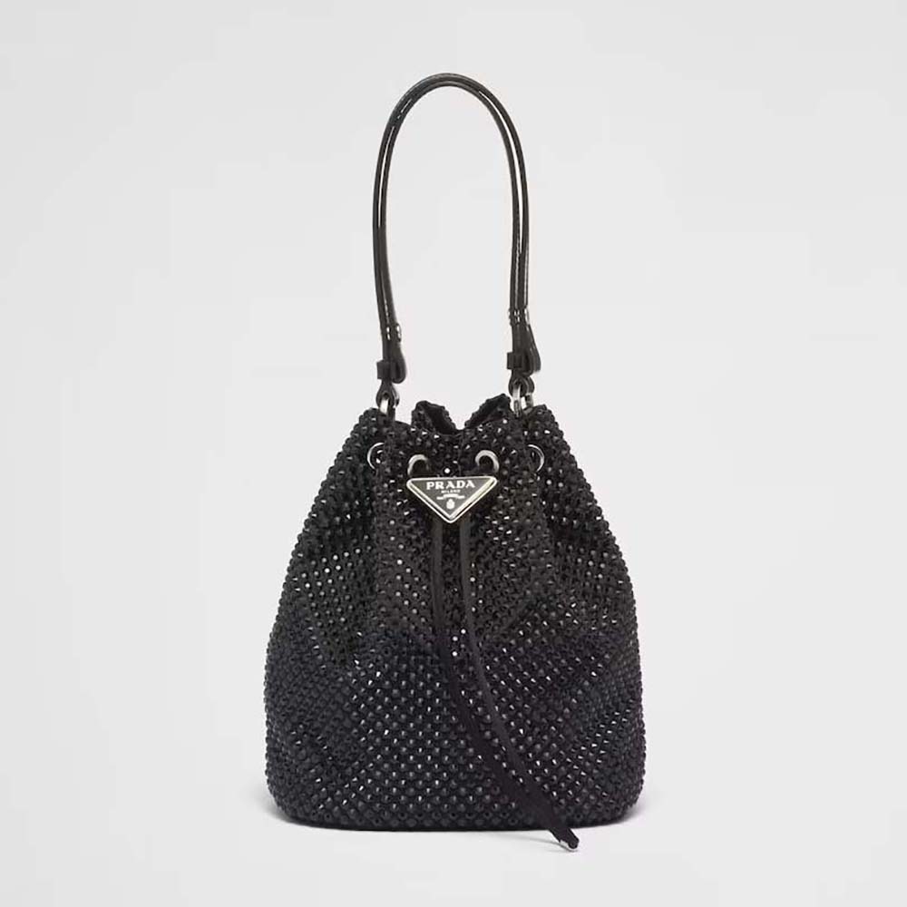 Front view of Prada Women Satin Mini-bag with Crystals-Black featuring crystal closure