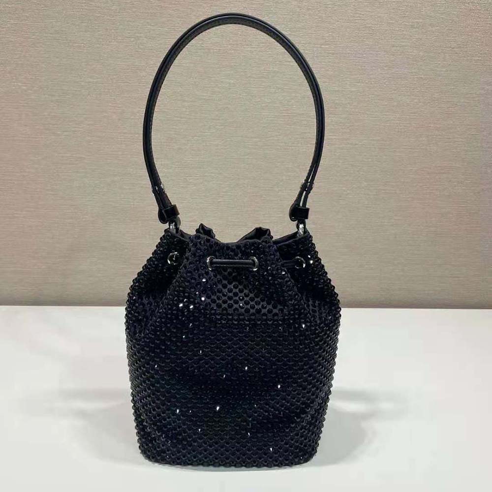 Side angle showing compact silhouette of Prada Women Satin Mini-bag with Crystals-Black