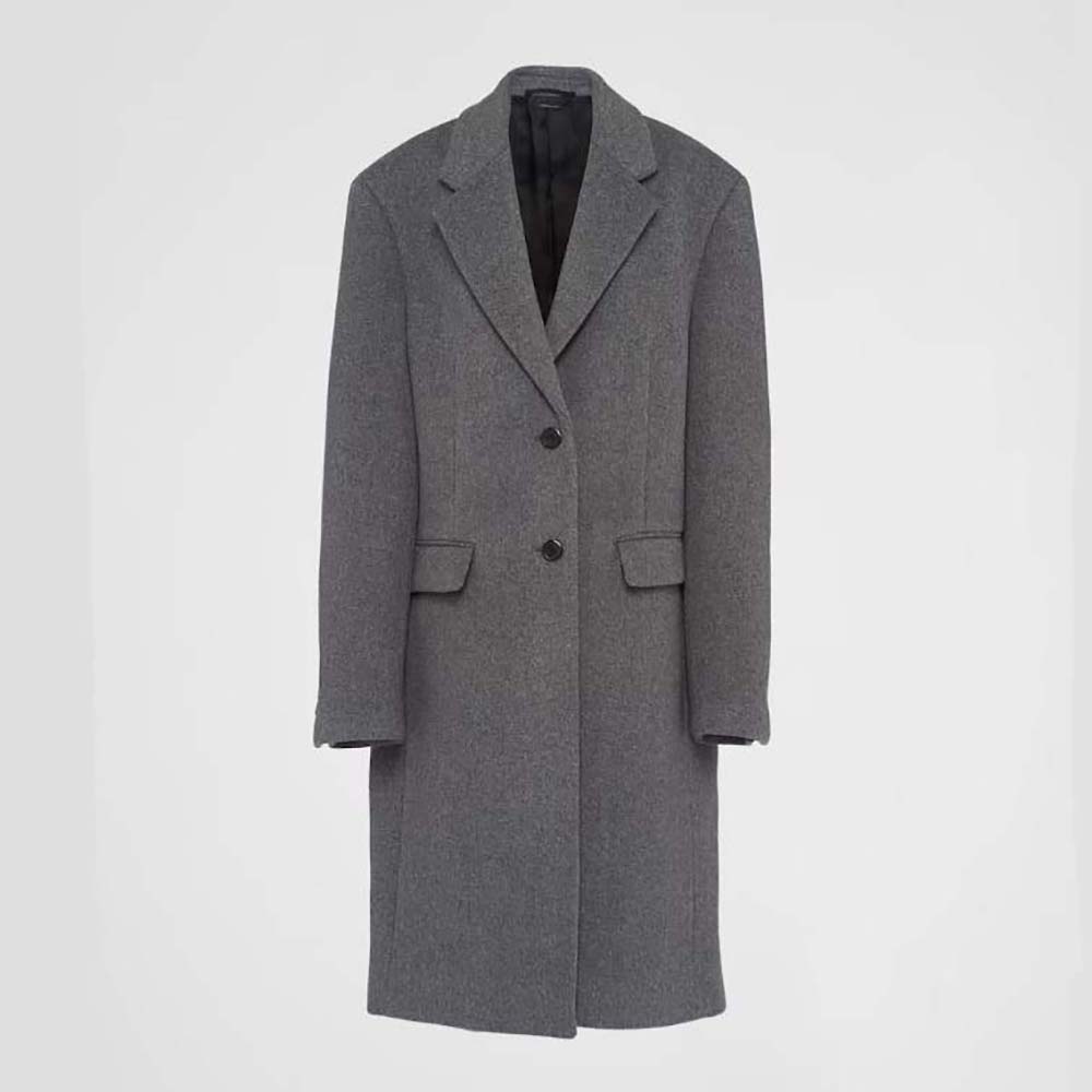 Front view of Prada Women Single-breasted Velour Coat in silver