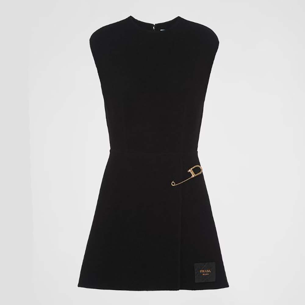 Front view of Prada Women Washed Twill Minidress with Safety Pin in black