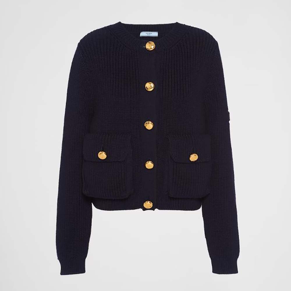 Front view of Prada Wool Cardigan with shiny gold buttons